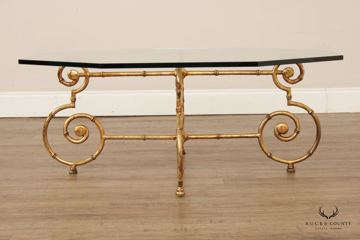 Hollywood Regency Faux Bamboo Gilt Metal Glass Top Coffee Table