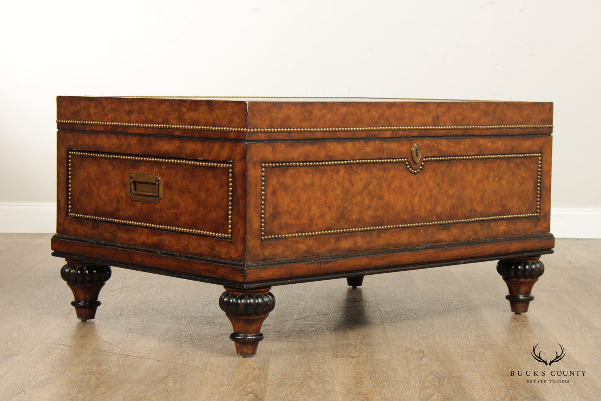 Marge Carson Campaign Style Leather Wrapped Nail Trim Coffee Table