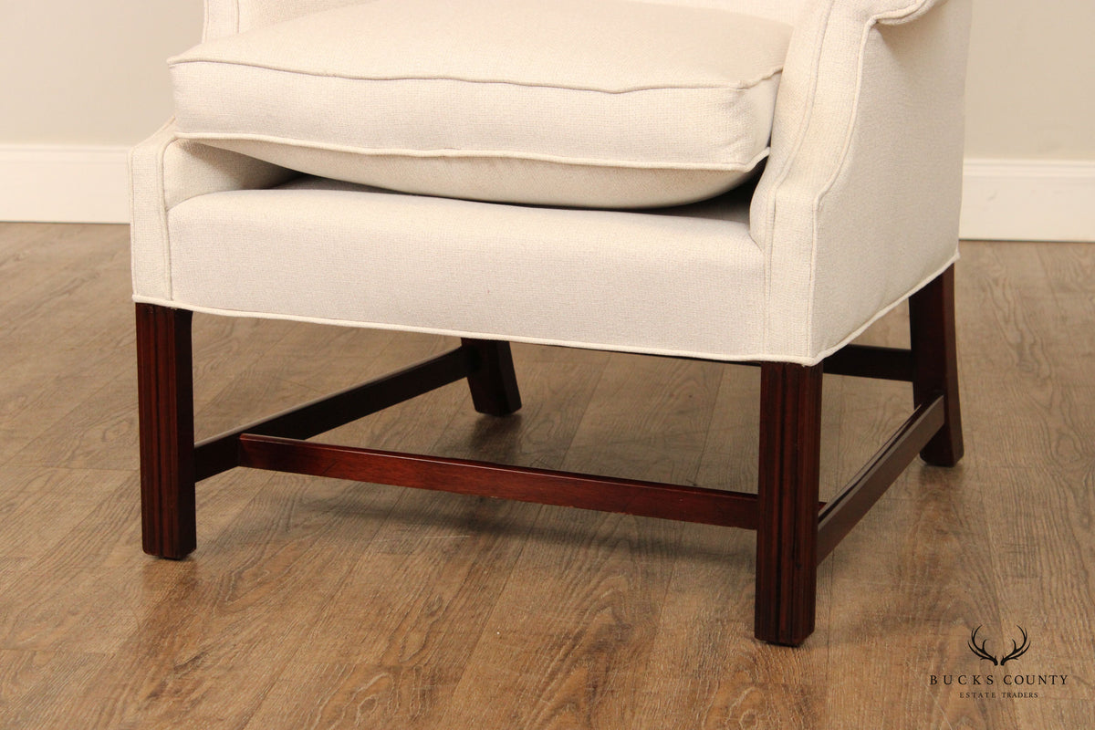 Saybolt Cleland Chippendale Style Pair Custom Upholstered Mahogany Wingback Chairs