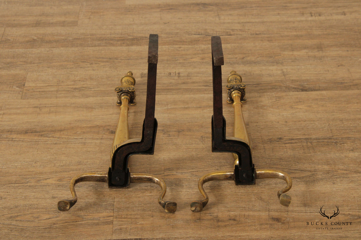 Federal Style Quality Pair of Brass Fireplace Andirons