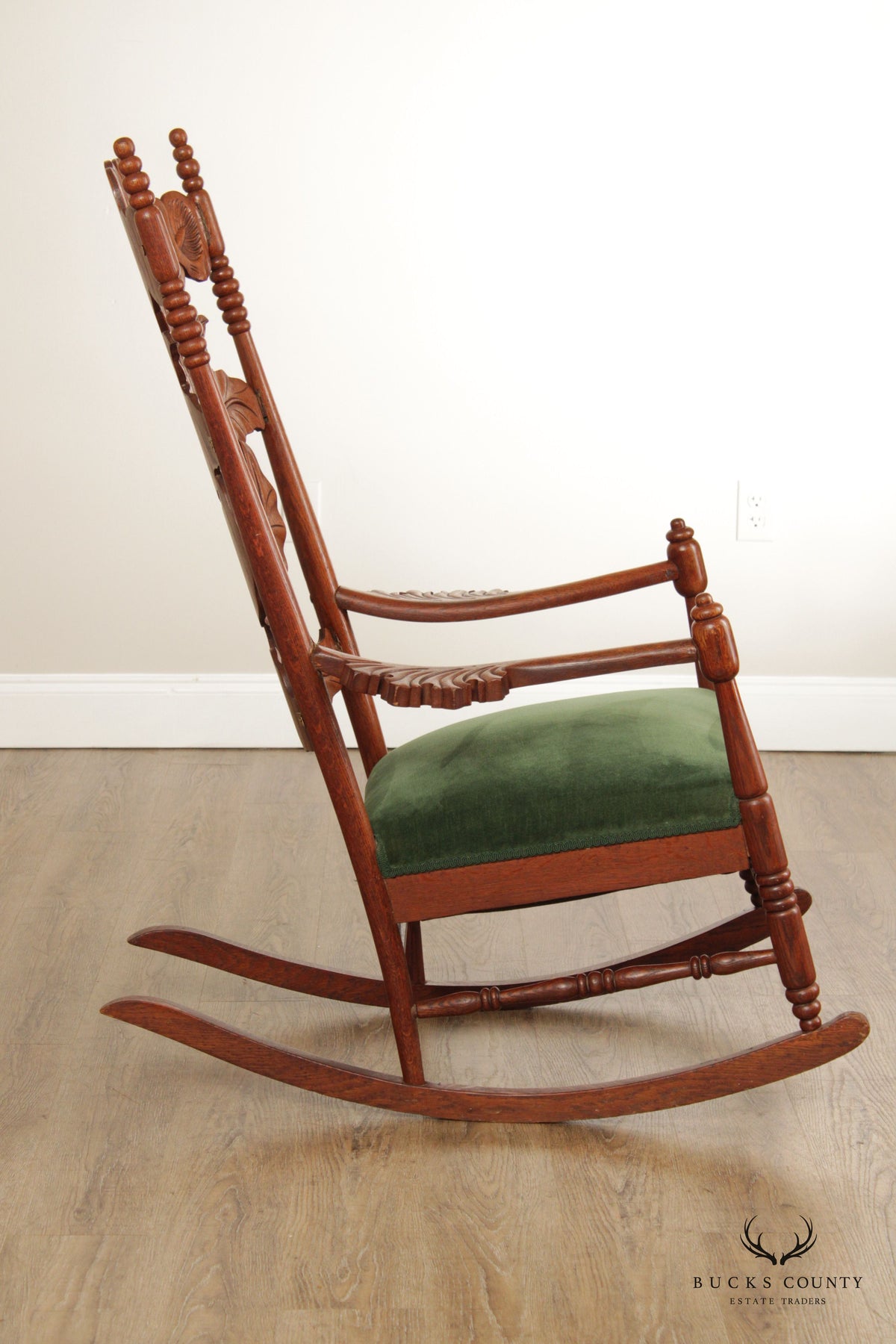 Art Nouveau Antique Peace Lily Carved Oak Rocking Chair