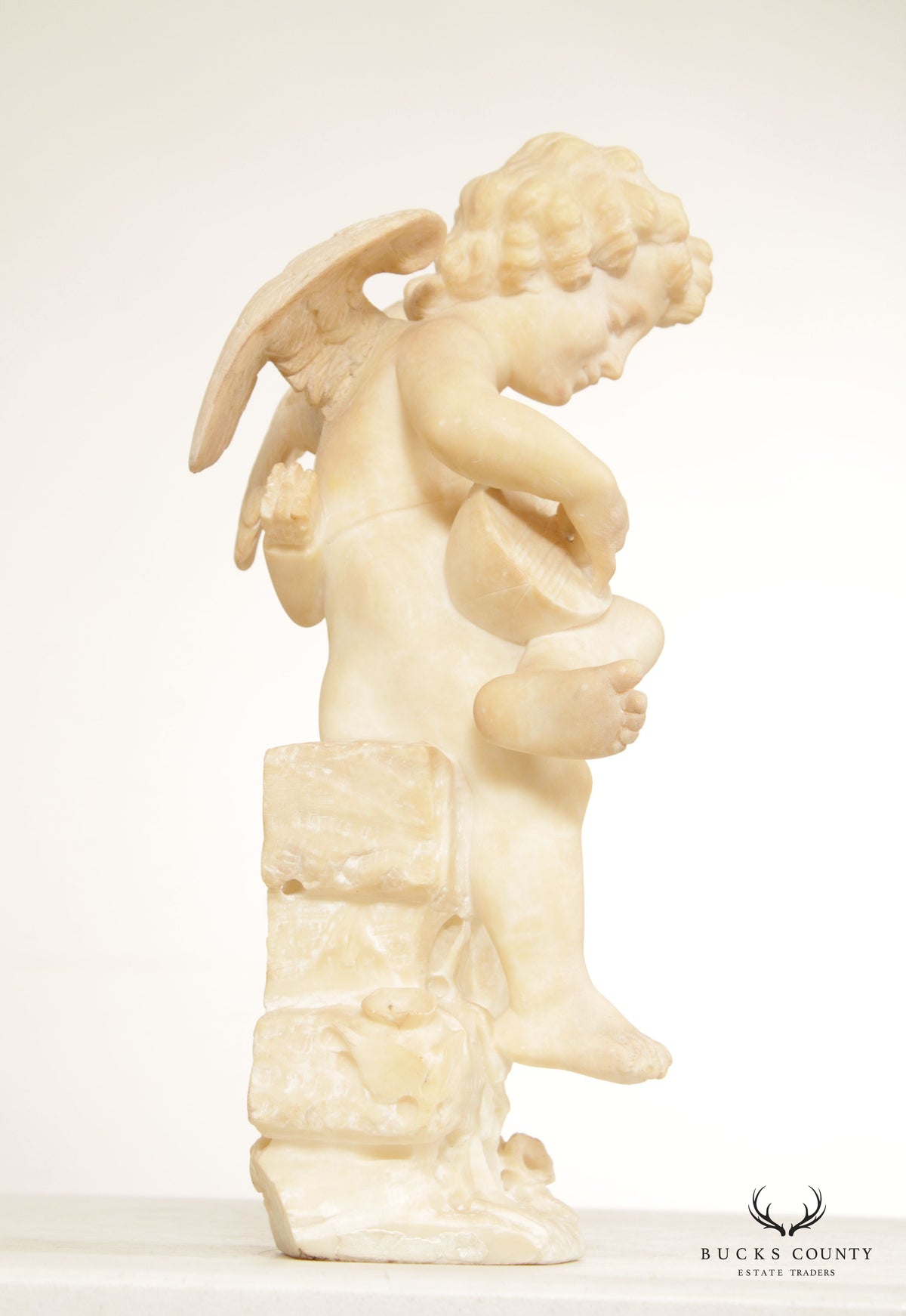 Antique Renaissance Revival Alabaster Carved Cherub Statue