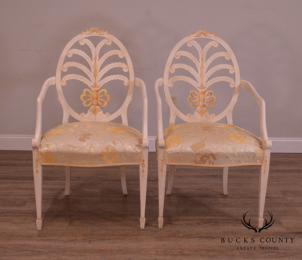 Hepplewhite Style Custom Adams Hand Painted Prince of Wales Pair Armchairs