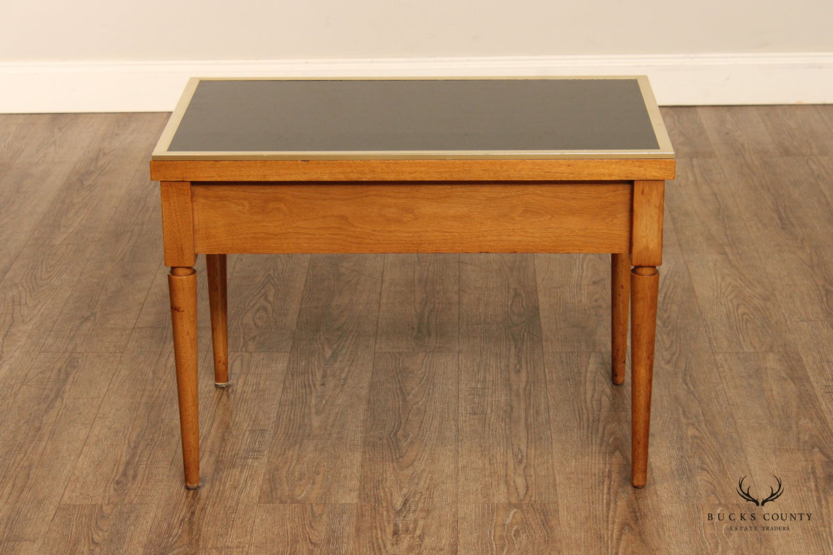 Mid Century Modern Directoire Style Pair of Black Glass Top Fruitwood Side Tables