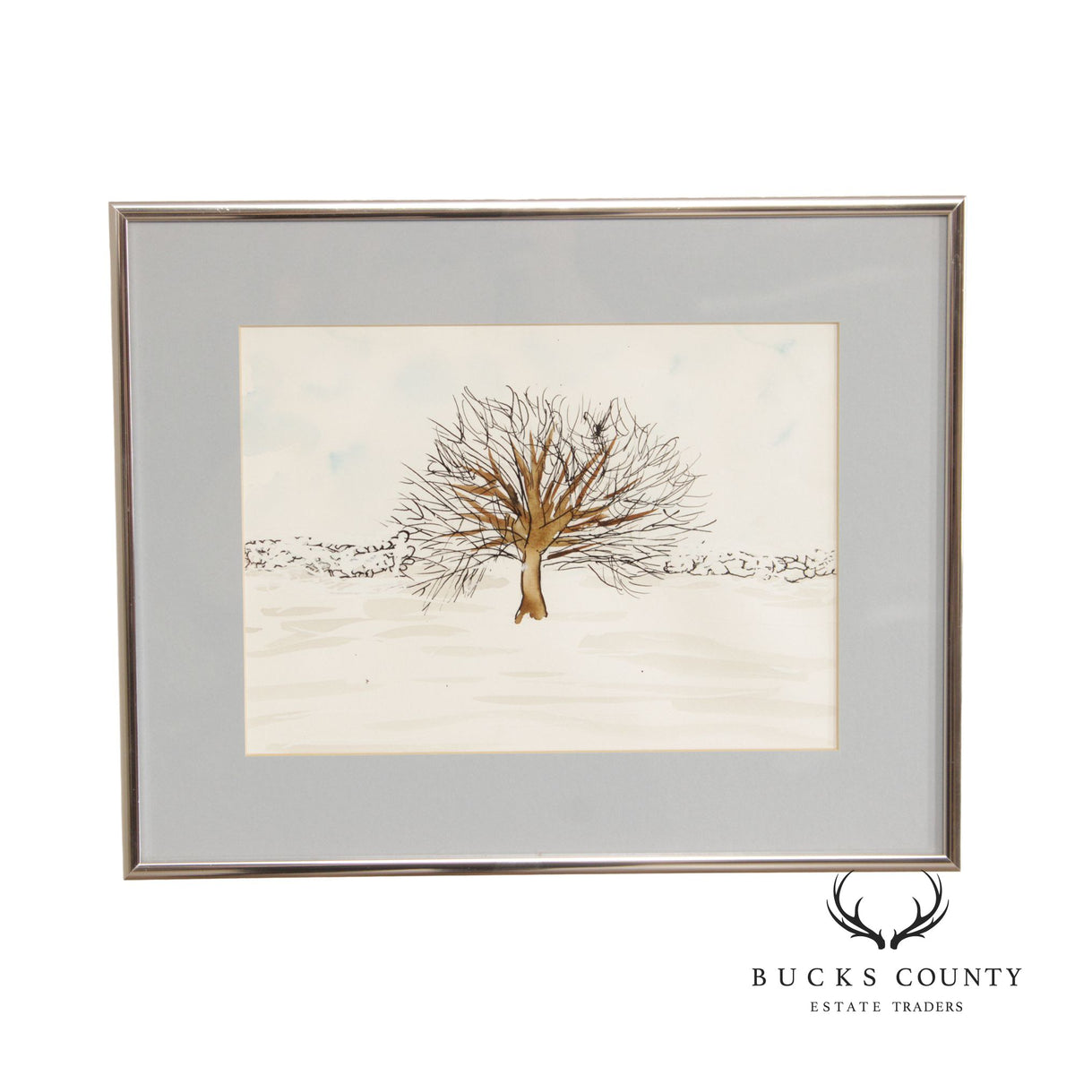 Vintage 20th C. Illustrative Winter Tree Watercolor Drawing