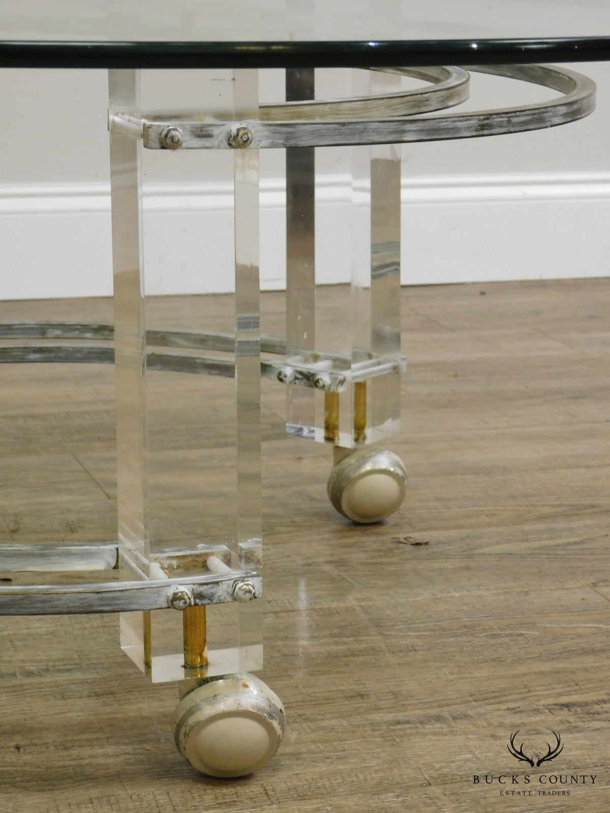 Charles Hollis Jones Mid Century Modern Brass & Lucite Round Glass Top Coffee Table