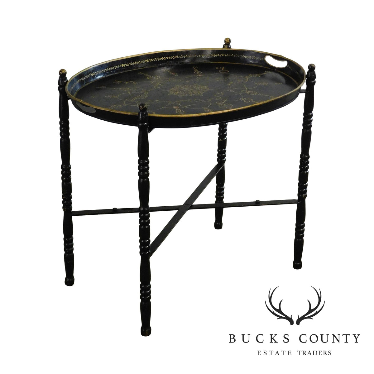 Vintage Hand Painted Tole Tray Table on Folding Metal Base