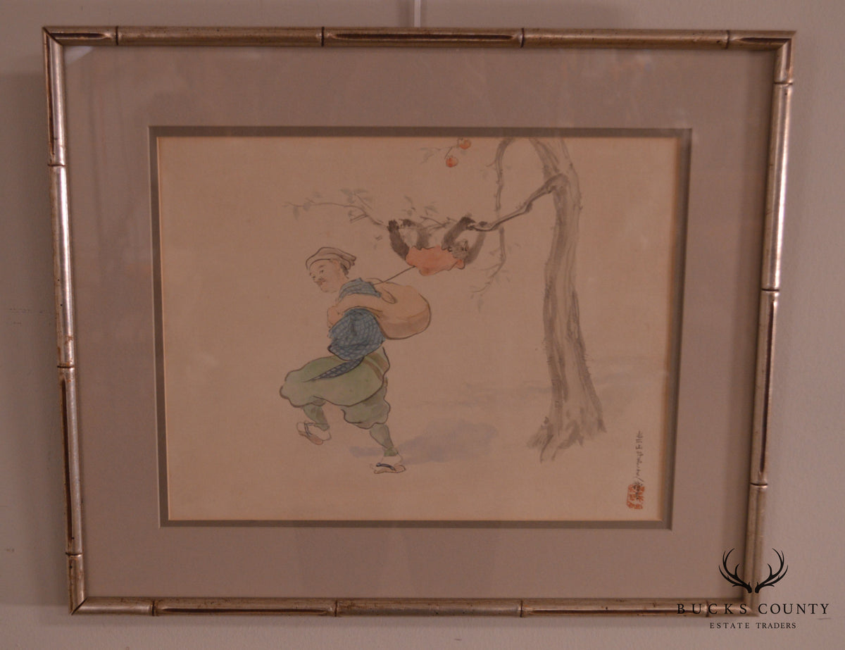Vintage Chinese Watercolor Drawing, Custom Framed