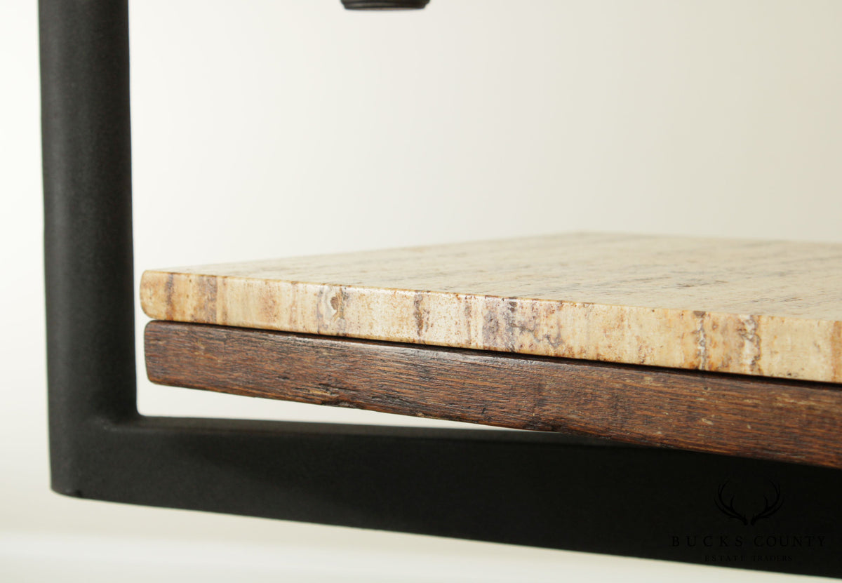 Industrial Work Table Converted to Side Table with Marble Top