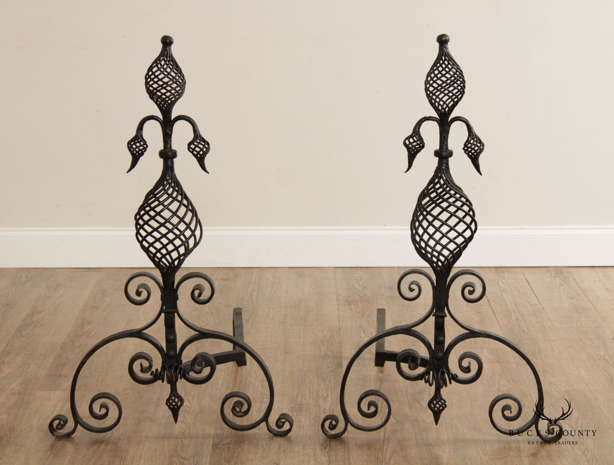 American Arts & Crafts Wrought Iron Pair Andirons