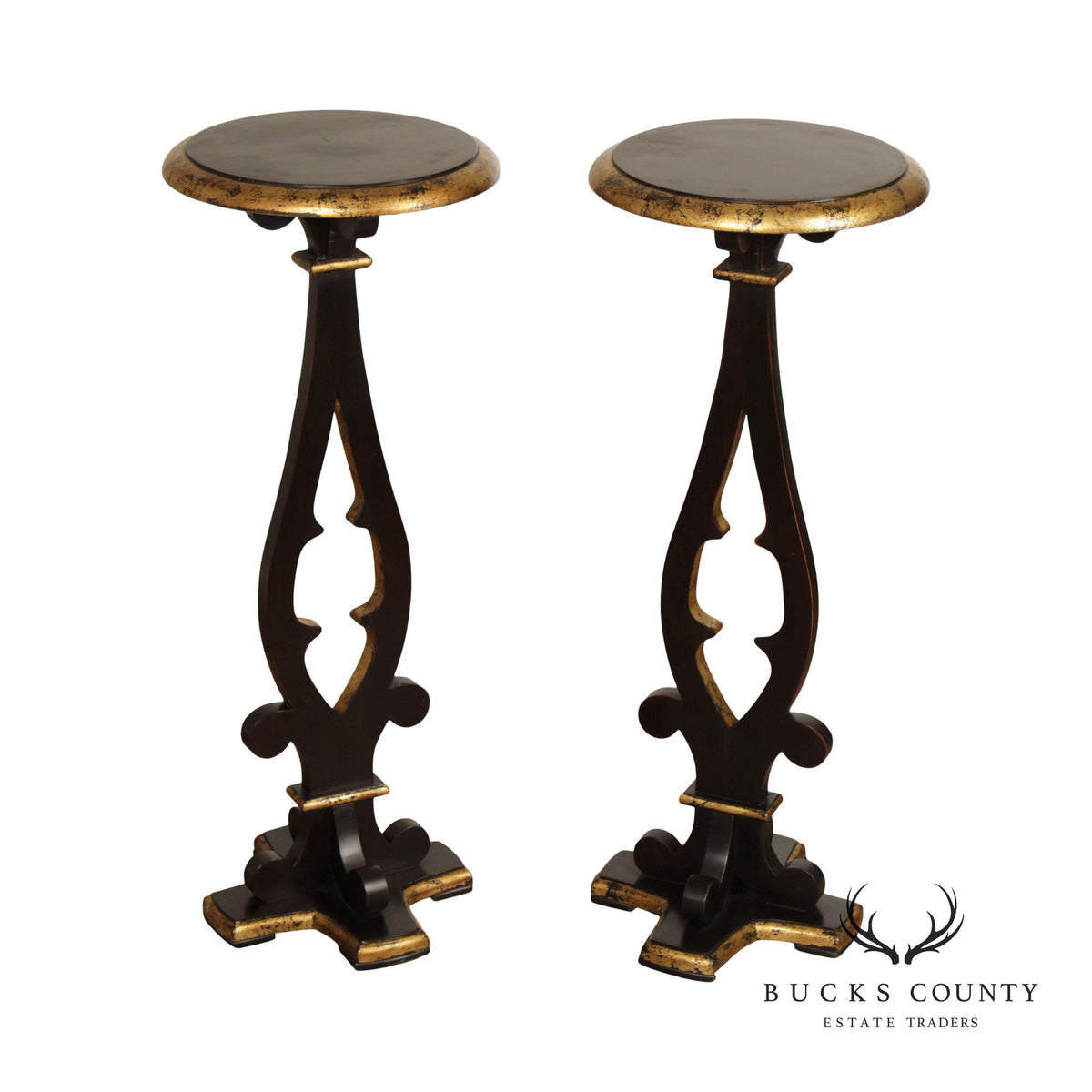 Vintage Ebonized and Partial Gilt Pair of Pedestal Plant Stands