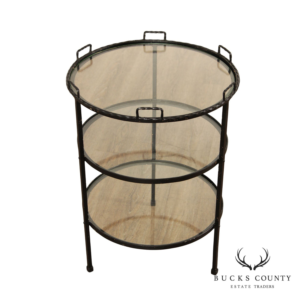 Mid Century Modern Wrought Iron & Glass Tiered Round Side Table