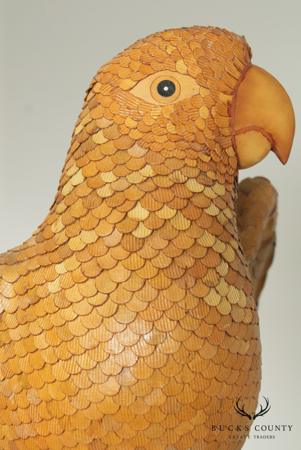 Chela's Vintage Hand Crafted Leather Parrot Sculpture, Brass Perch