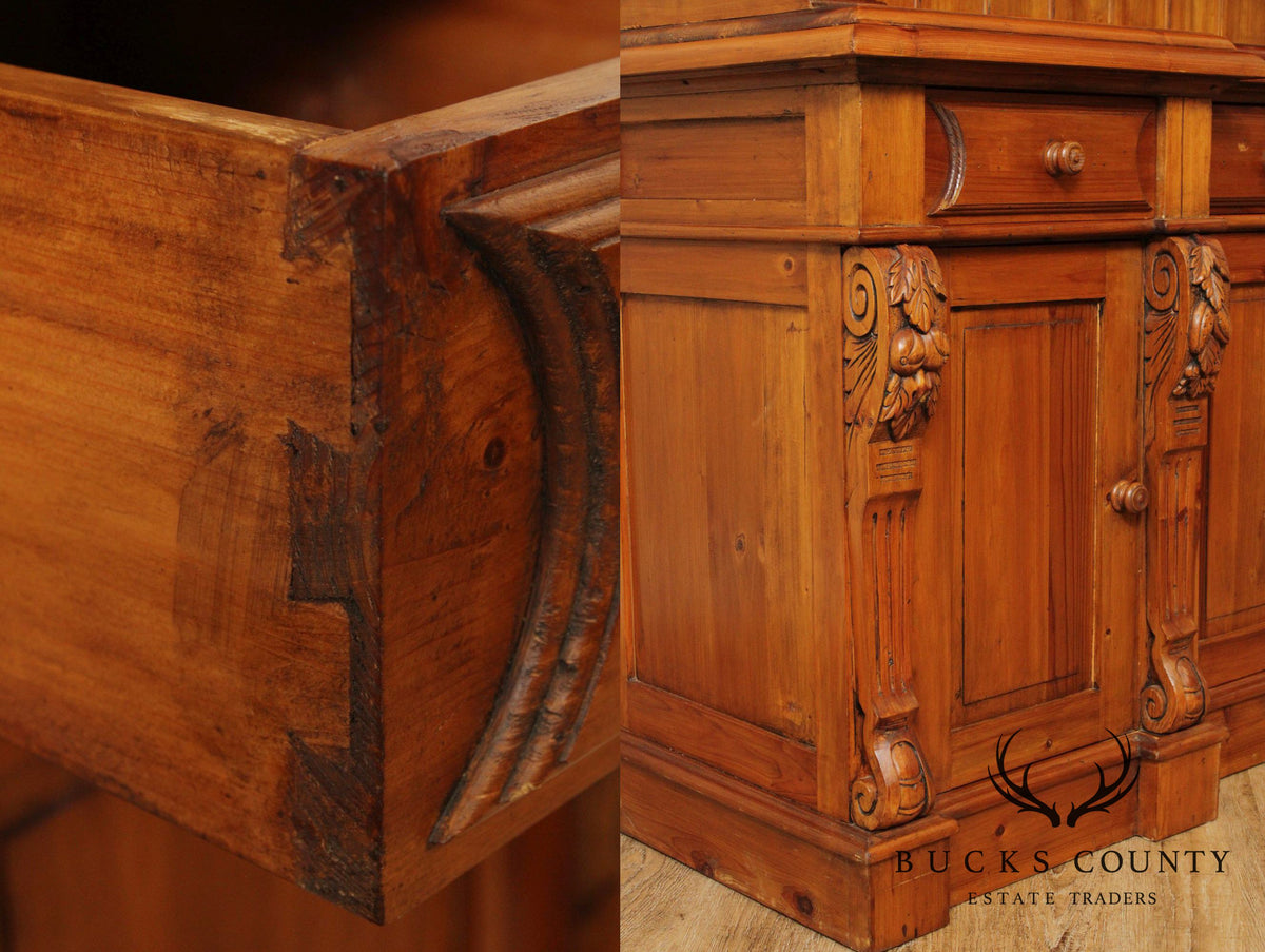 Large Custom Quality Carved Pine Step Back Hutch