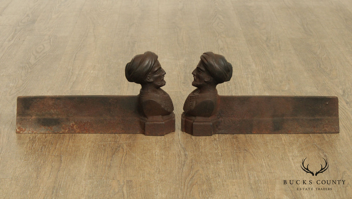 Antique 19th Century French Pair Small Figural Turkish Bust Andirons