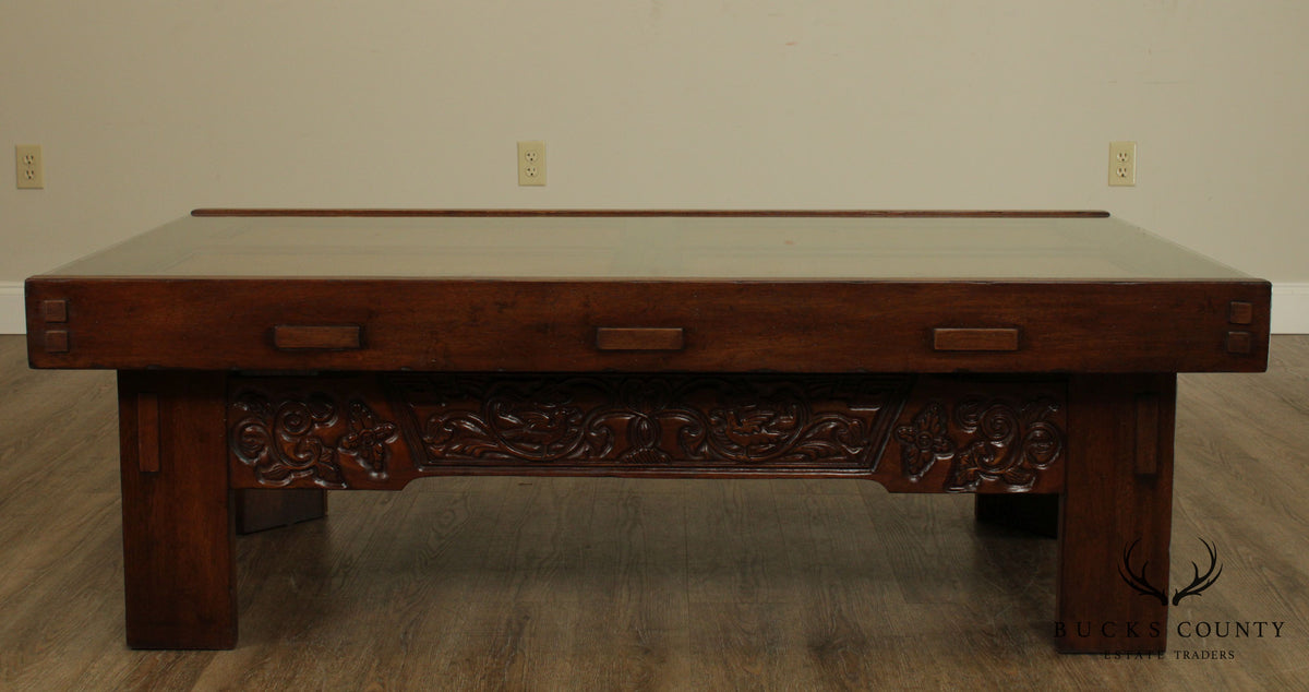 Drexel Heritage Large Carved Base Rattan Glass Top Coffee Table