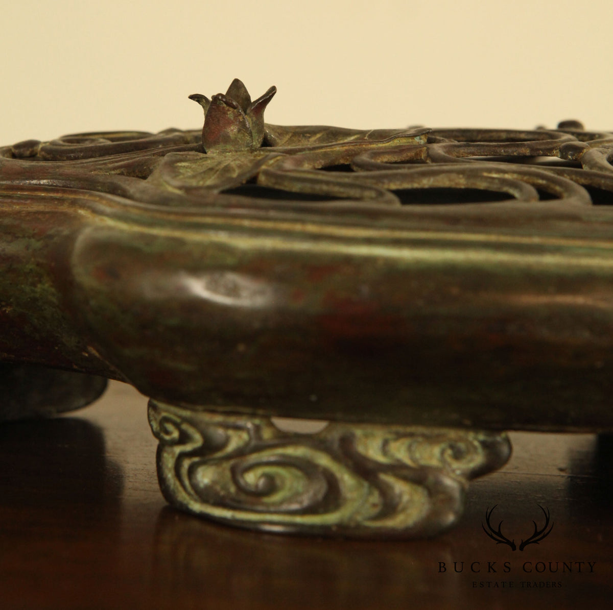 Painted Bronze Pond Form Censer with Frog and Lotus Blossom