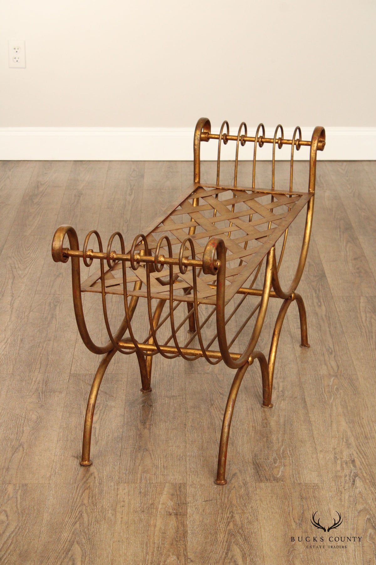 Italian Hollywood Regency Gilt Metal Scroll Arm Bench