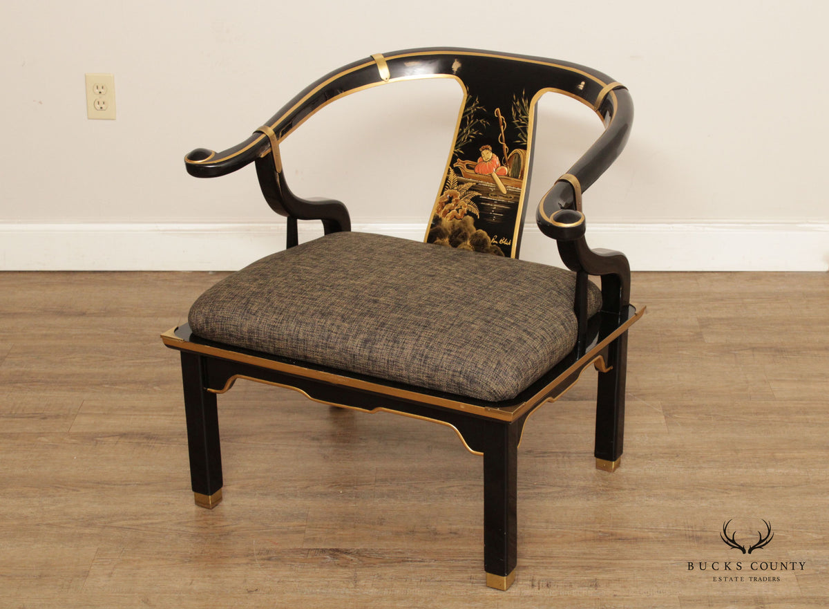 Chinoiserie Decorated Black Lacquer Pair of Horseshoe Armchairs