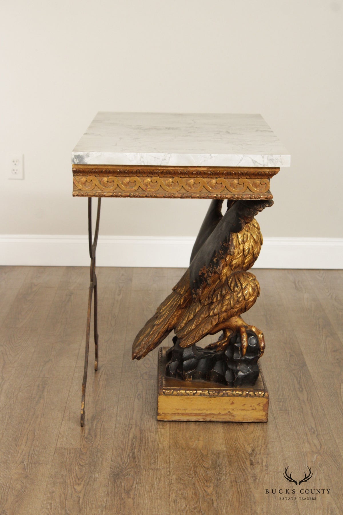 Regency George II Style Pair Giltwood Carved Eagle Marble Top Consoles