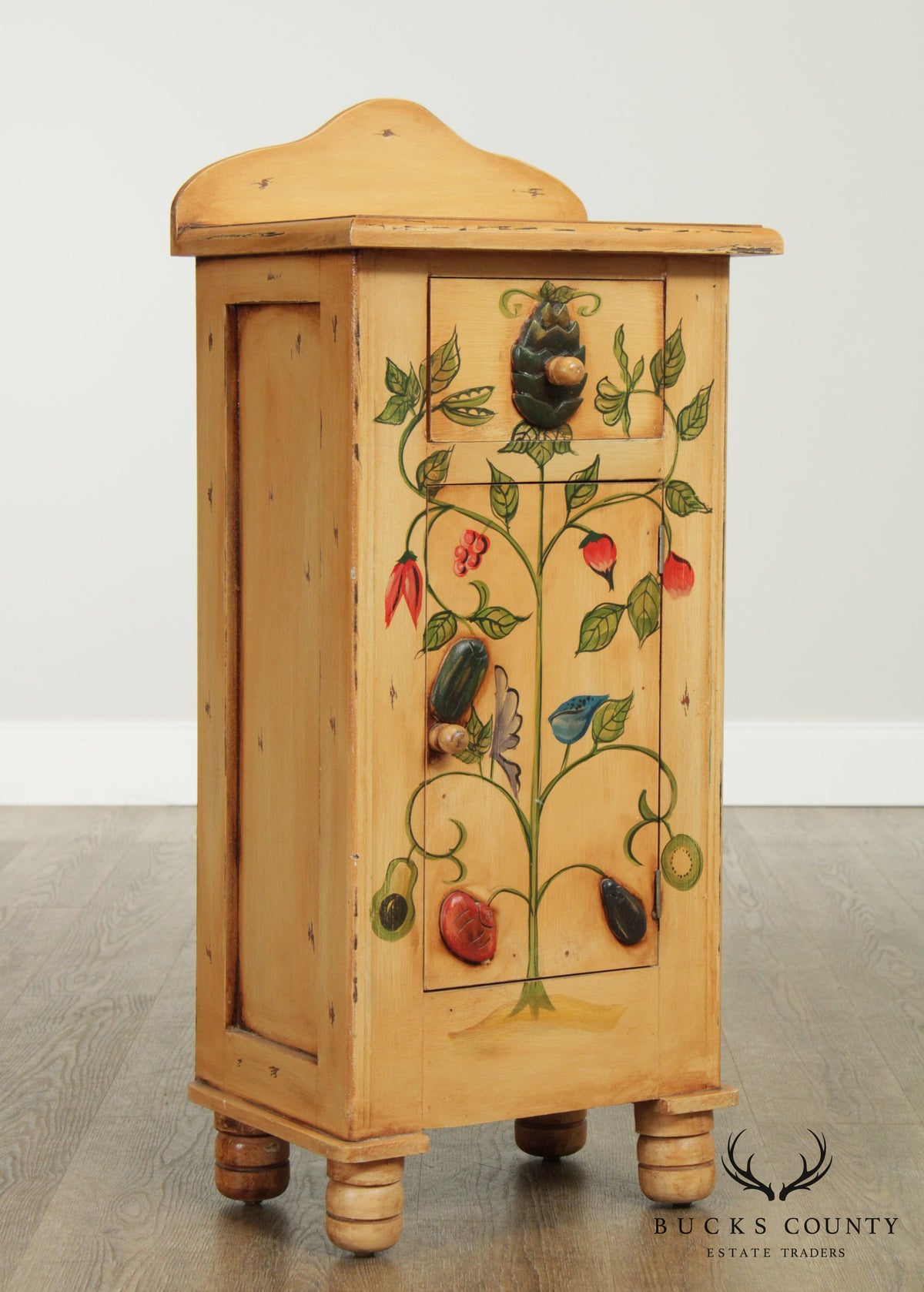Country Folk Art Style Hand Painted Narrow Storage Cabinet