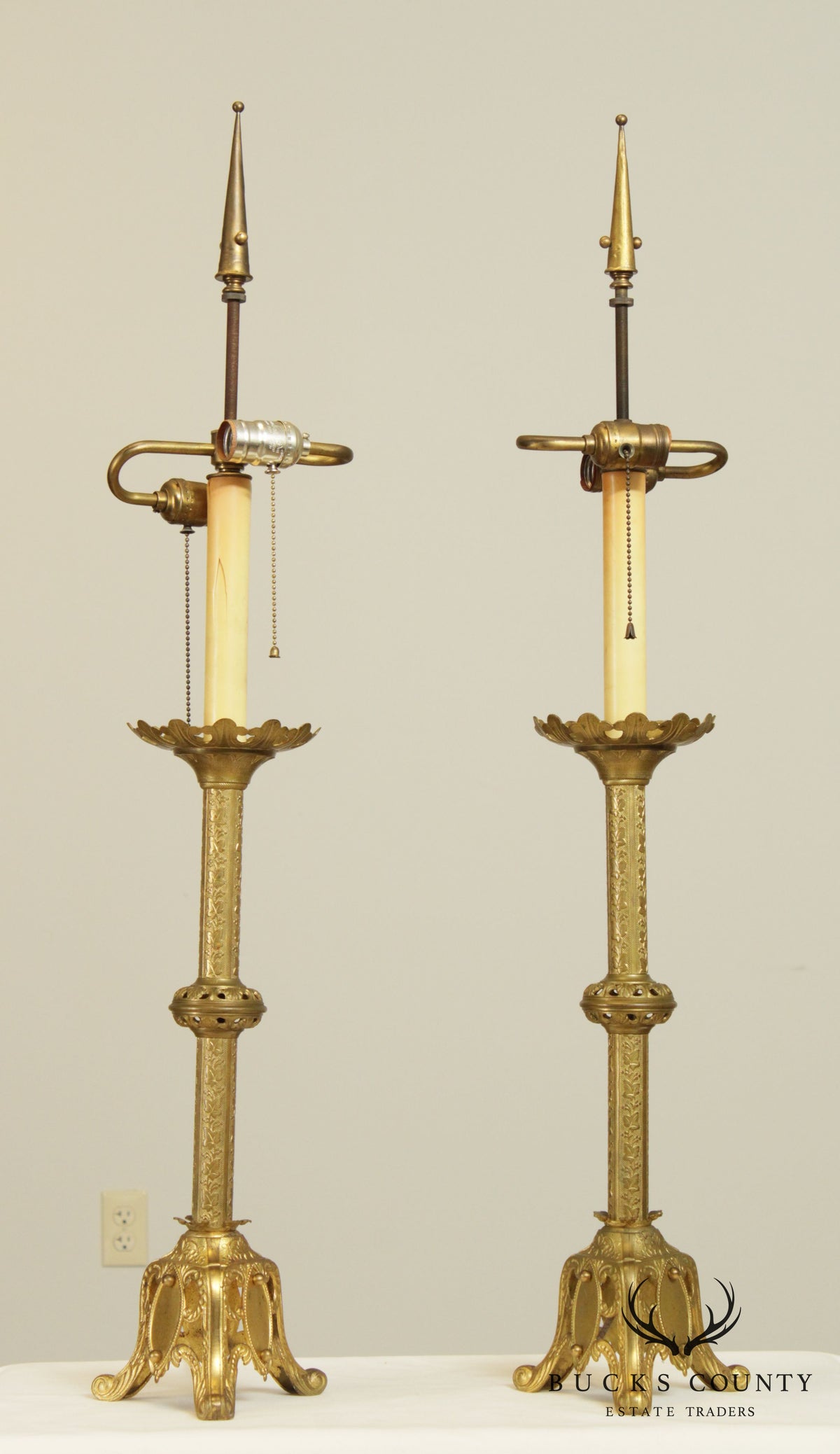 Gothic Revival Antique Aesthetic Brass Pair Converted Candlesticks Lamps