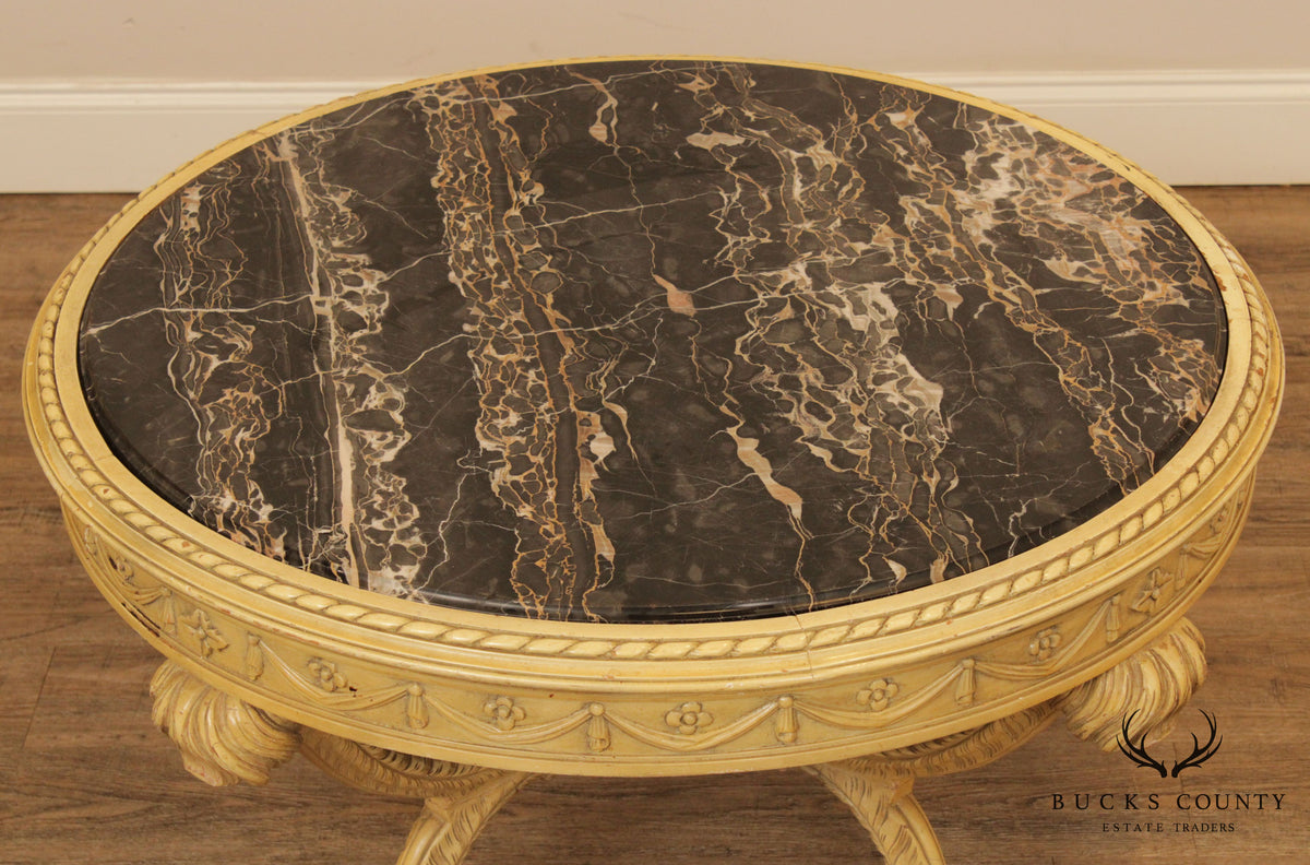 French Regency Style Vintage 1940 Round Marble Top Painted Coffee Table