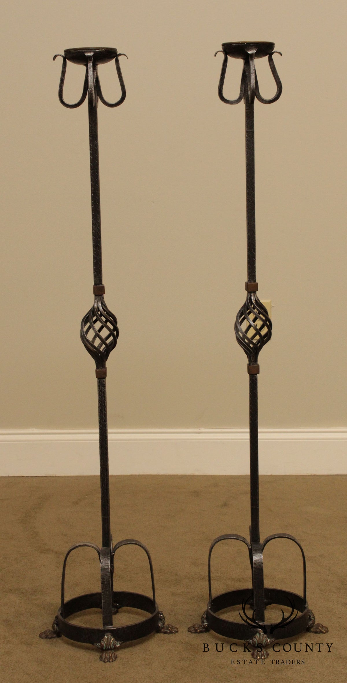 Spanish Renaissance Style Pair Forged Iron Candle Stands