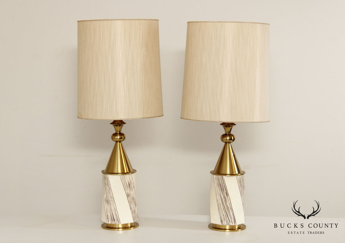Stiffel Tommi Parzinger Style Mid Century Modern Pair Brass & Pottery Lamps