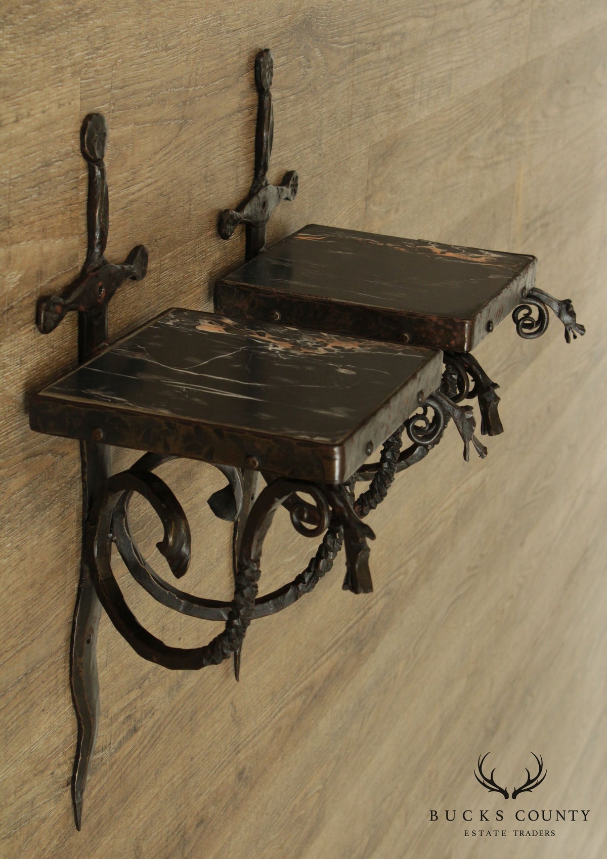 Samuel Yellin Style Hand Wrought Iron Pair Dragon and Sword Wall Shelves