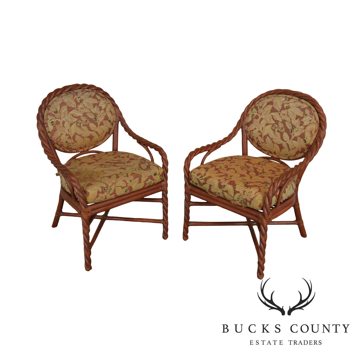 Mcguire of San Francisco Pair Painted Twist Rattan Armchairs