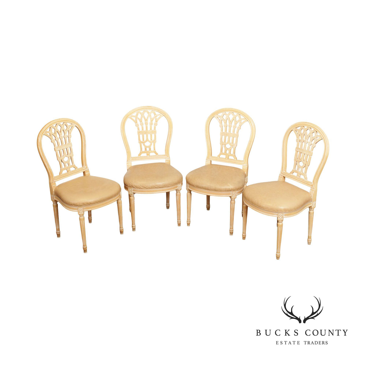 French Louis XVI Style Set 4 White Washed Dining Room Chairs