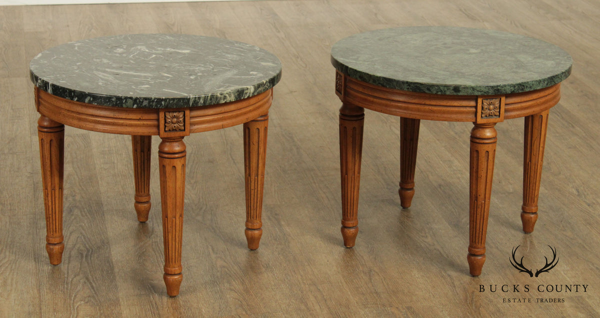 French Louis XVI Style Vintage Walnut Pair Round Marble Top Side Tables