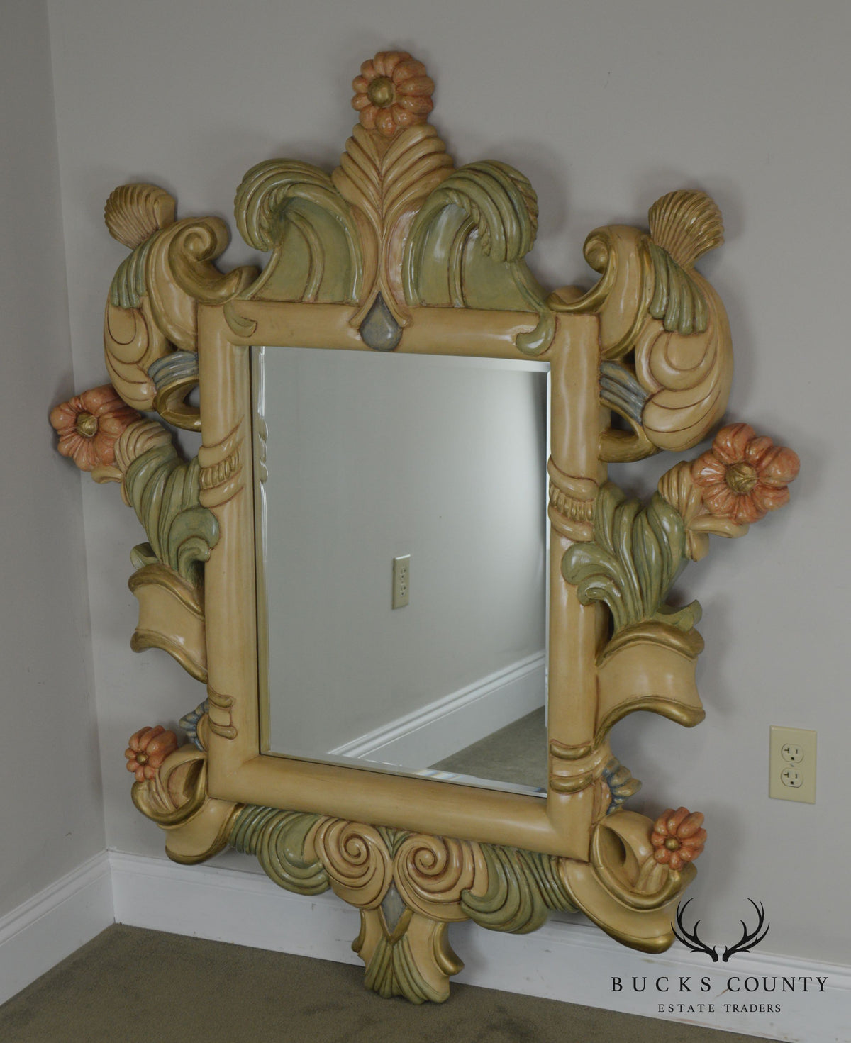 Quality Hand Painted Large Carved Wood Frame Beveled Wall Mirror