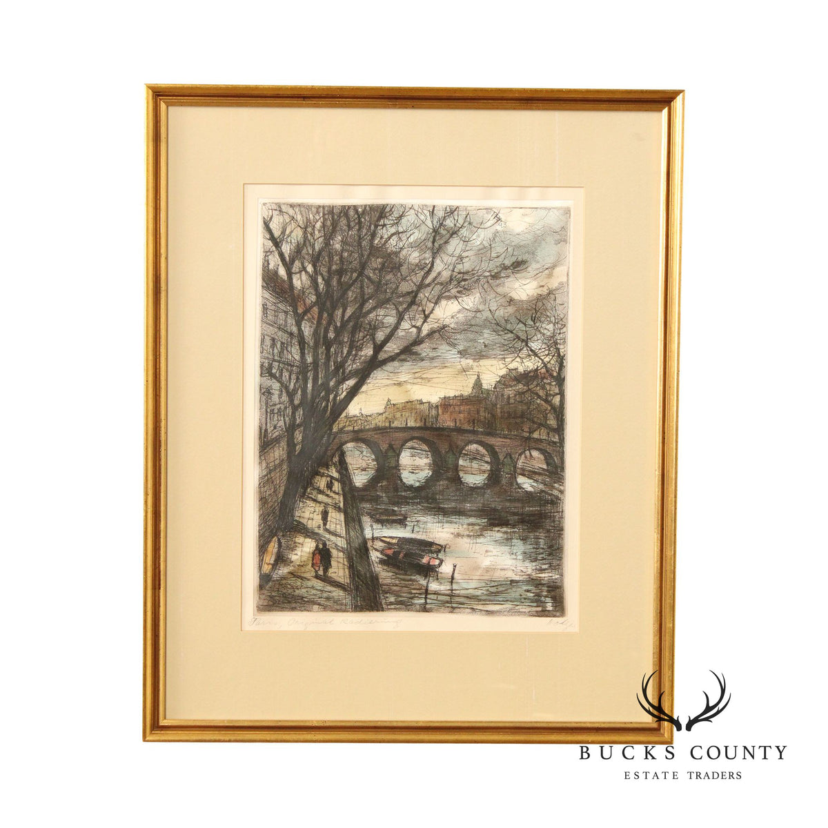Vintage 20th C. 'Paris' Seine Colored Etching, Custom Framed