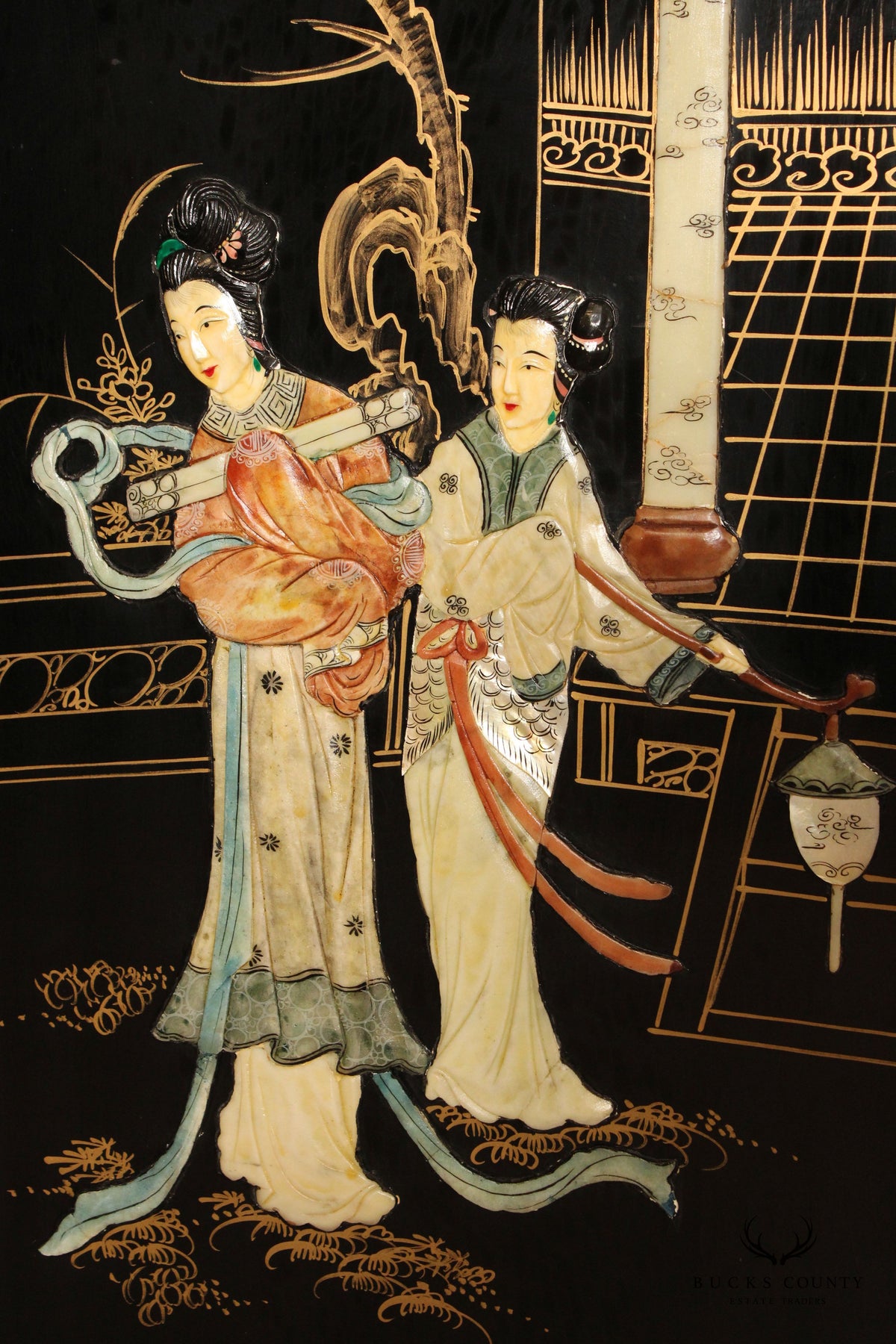 Asian Decorated Black Lacquer Four-Panel Folding Screen