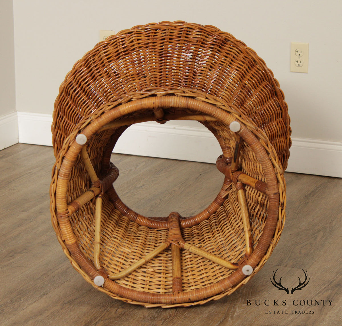 Midcentury Round Glass Top Wicker Side Table