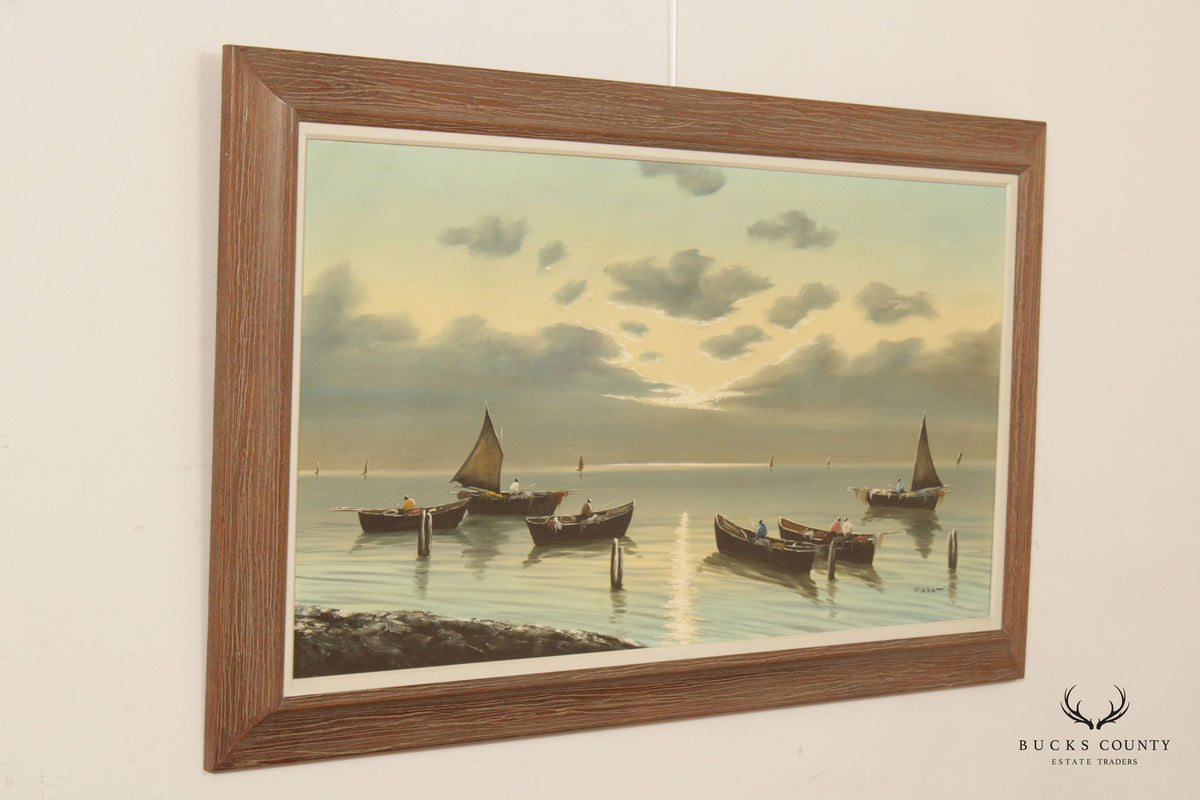 Vintage 20th C. Fisherman Sailboats Seascape Original Painting, by Giovanni Maratti