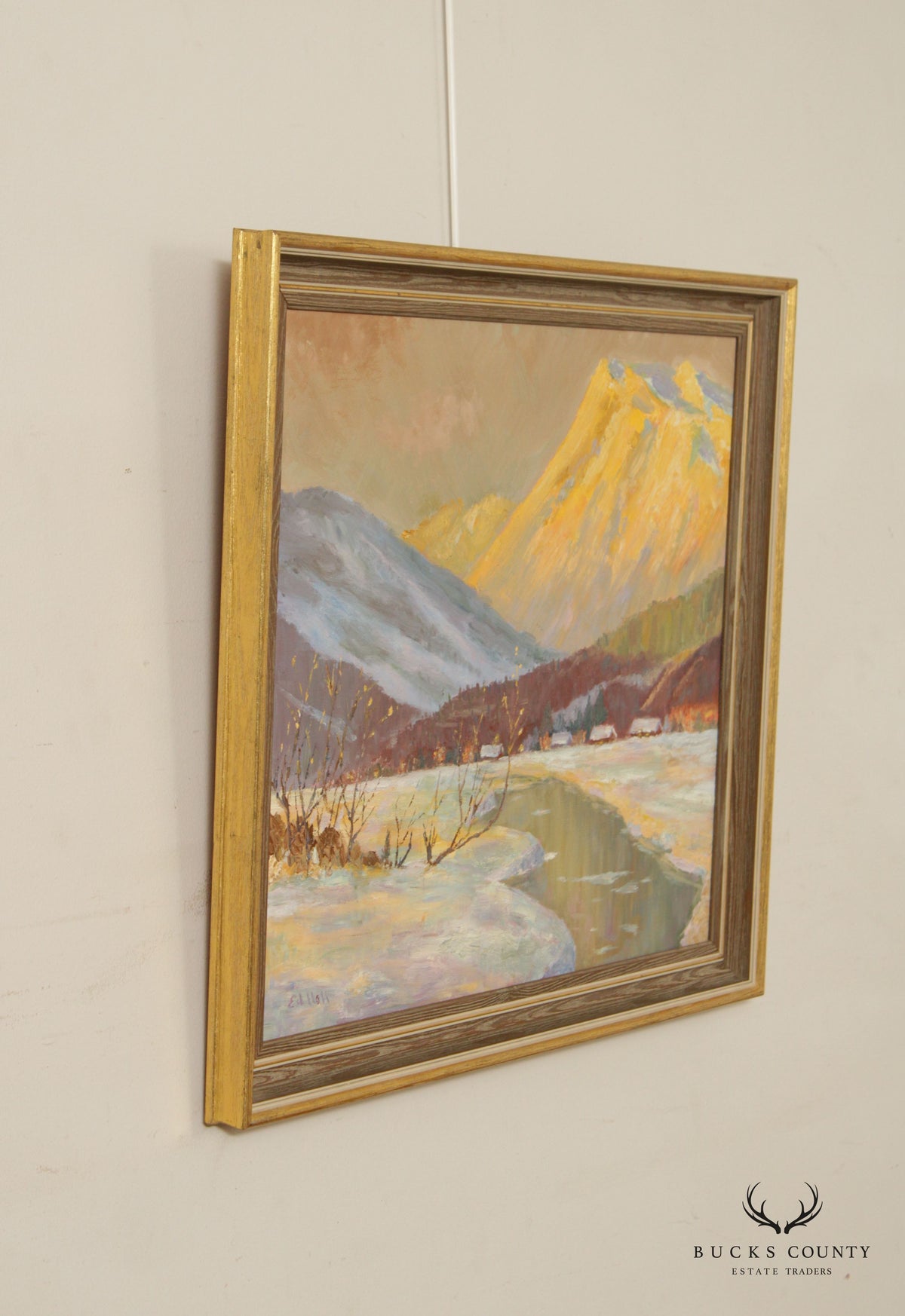 American 20th Century Winter Mountain Town Landscape Original Oil Painting by Ed Hall