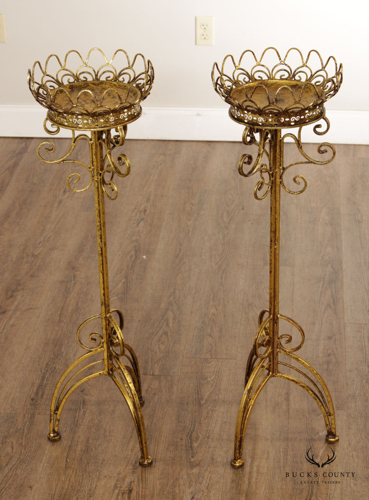 Hollywood Regency Pair Gilt Metal Scroll Candle Stands