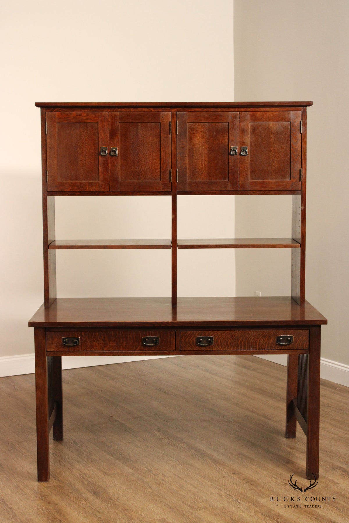 Stickley Mission Collection Oak Spindle Desk with Hutch