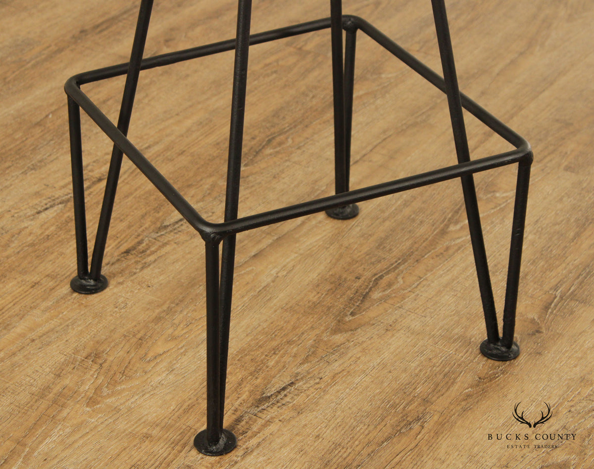Industrial Midcentury Modern Style Wrought Iron & Wood Drafting or Bar Stool
