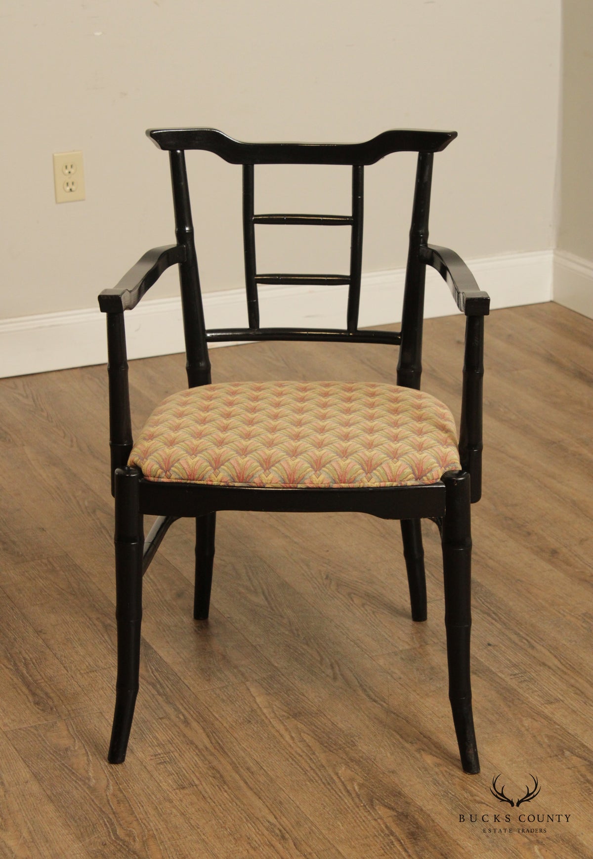 Mid Century Asian Style Faux Bamboo Pair of Lacquered Arm Chairs