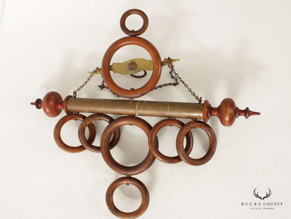 Antique Victorian Wood Rings and Brass Hanging Towel Rack