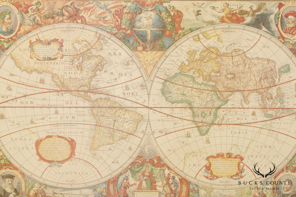 Henricus Hondius Reproduction World Map, 1630 in Giltwood Frame