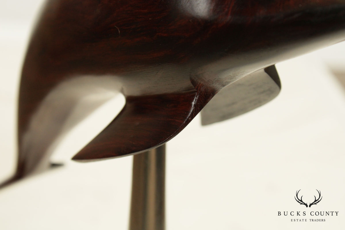 Mid Century Modern Carved Rosewood Dolphin Sculpture on Chrome Base