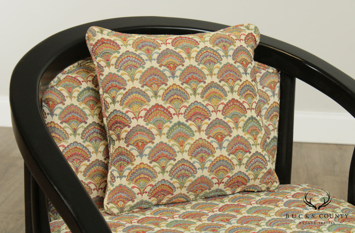 Mid Century Vintage Black Lacquered Asian Inspired Curved Back Armchairs
