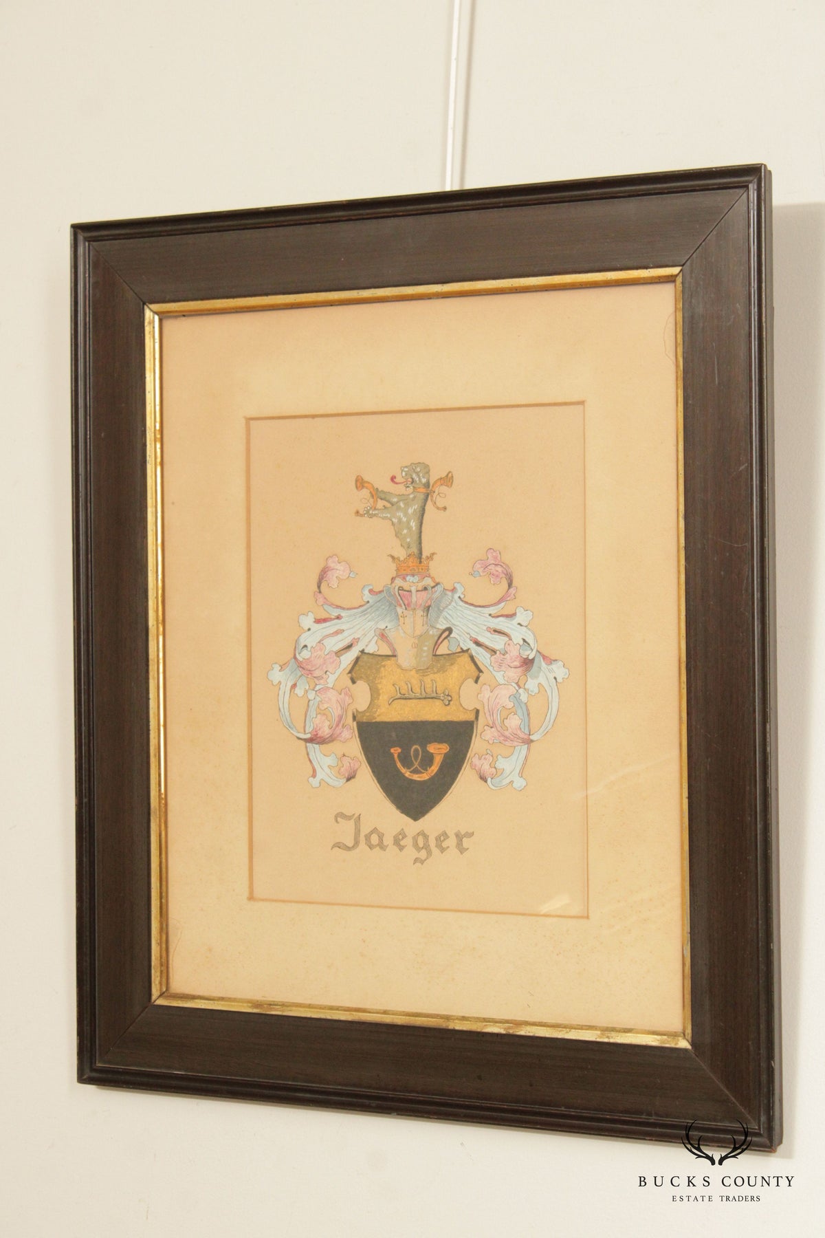 Vintage German 'Jaeger' Coat of Arms Crest, Custom Framed