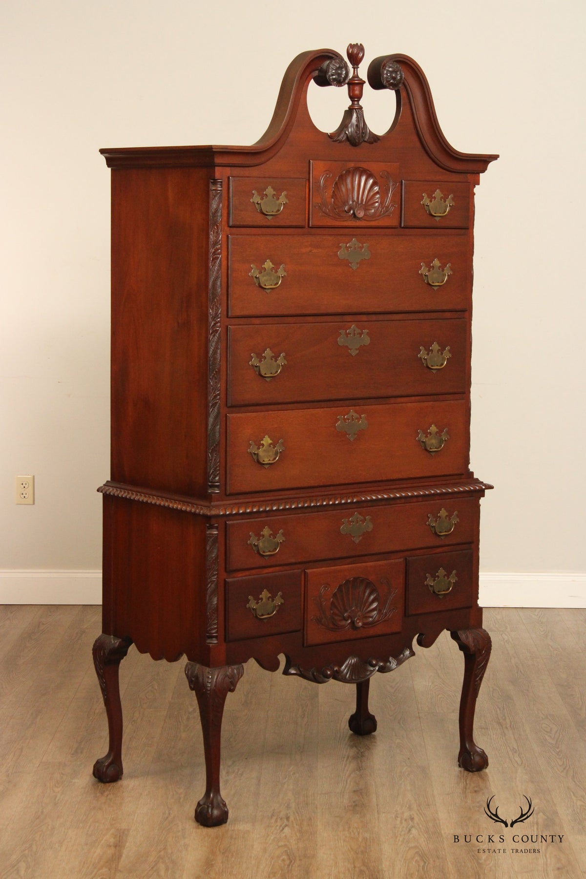 Custom Crafted Philadelphia Chippendale Style Carved Mahogany Highboy