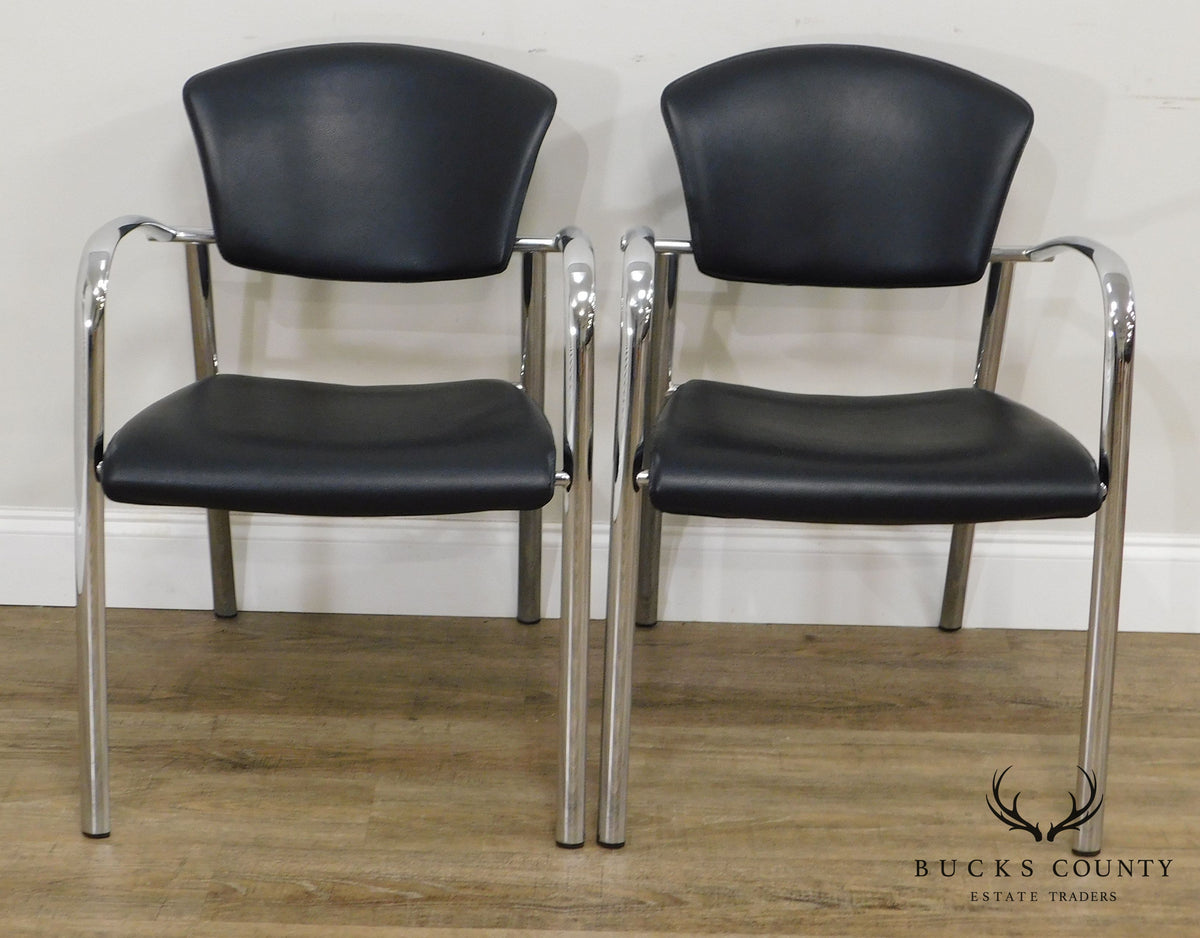 Brayton International Collection Steelcase Pair Chrome & Black Leatherette Armchairs